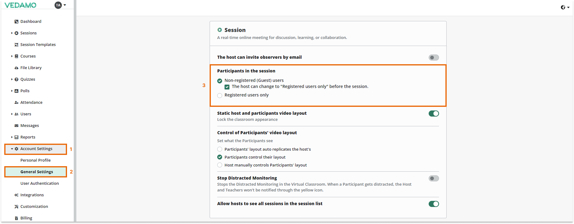 Virtual classroom settings as an Organization Virtual classroom settings - registered and non-registered users: Virtual classroom settings as an Organization