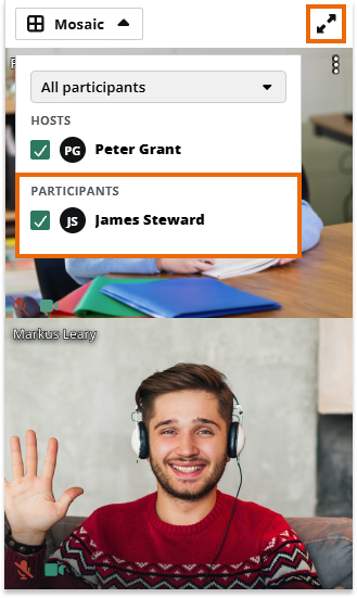 Video Boxes Settings for Participants in the Virtual classroom: Selecting users option
