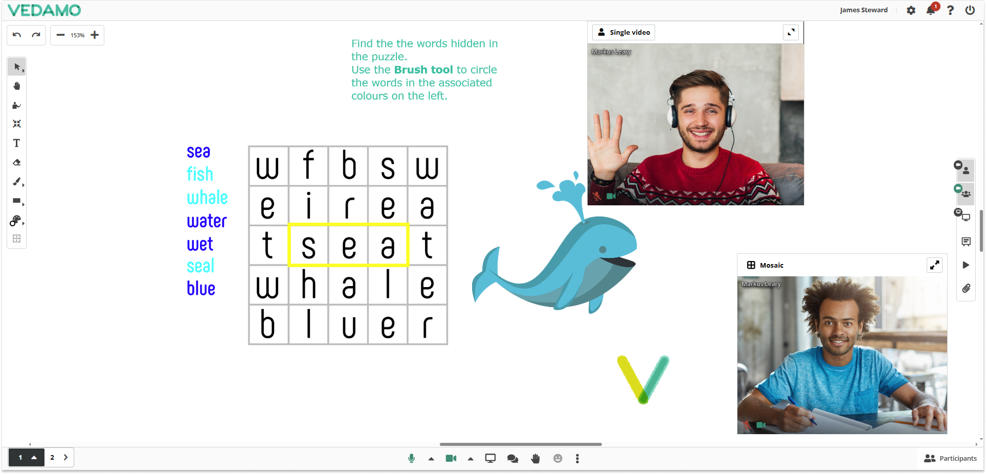 Video Boxes Settings for Participants in the Virtual classroom: Example when the static host is disabled (participants view)