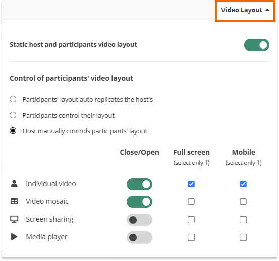 Video Boxes Settings for Participants in the Virtual classroom: Video layout interface