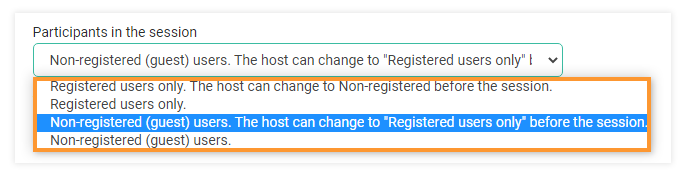 Virtual classroom settings: Select from Participants in the session options Virtual classroom settings - registered and non-registered users: Select from Participants in the session options