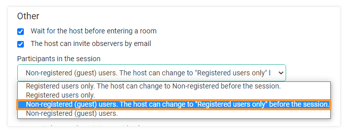 Virtual classroom settings - registered and non-registered users: The host can change to Registered users only before the session.