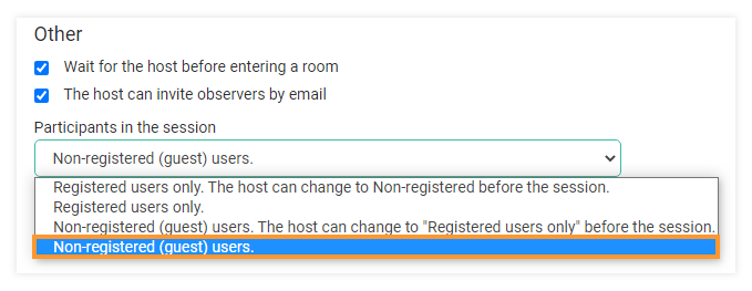 Virtual classroom settings - registered and non-registered users: Non-registered (guest) users