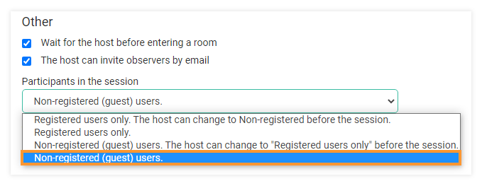 Virtual classroom settings: Non-registered (guest) users Virtual classroom settings - registered and non-registered users: Non-registered (guest) users
