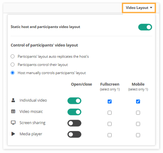 Video Boxes Settings for Participants in the Virtual classroom: Video layout interface