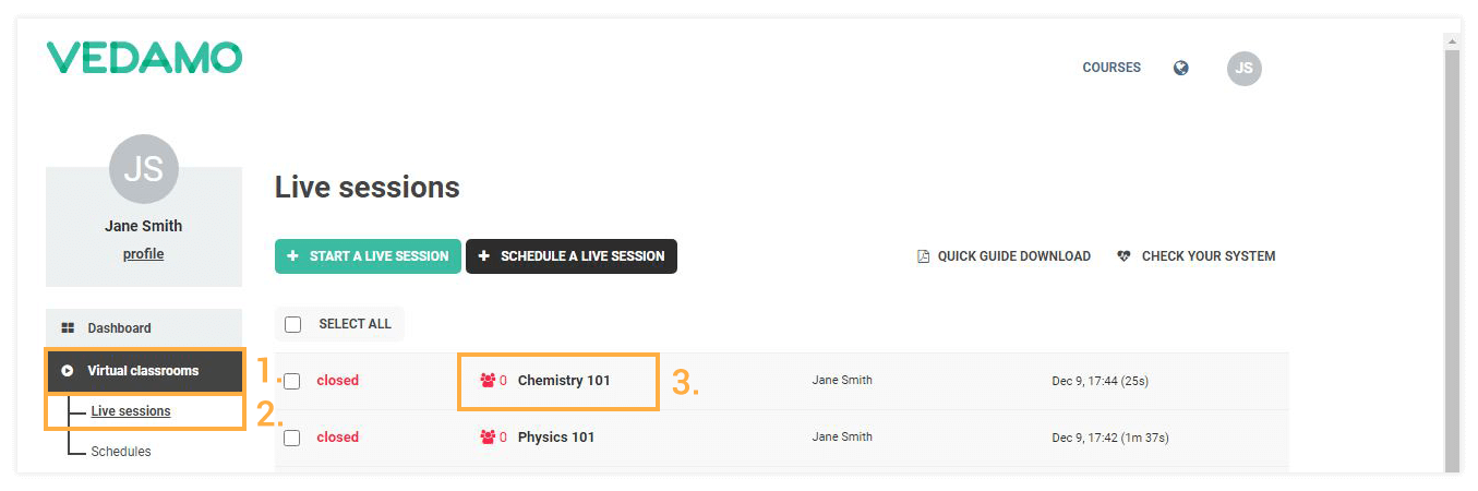 By pressing the "Virtual classrooms" button you will see the list with past sessions