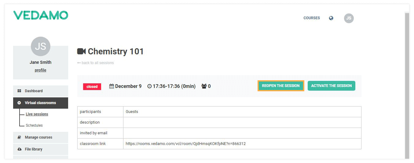 If you select the lesson that you want to reopen, the "reopen" button will be visible.