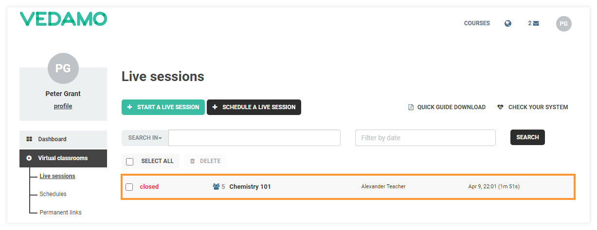 How to Reopen a Virtual Classroom: Sessions list: the closed lessons are colored in red, also are labeled as "closed", only they can be reopened