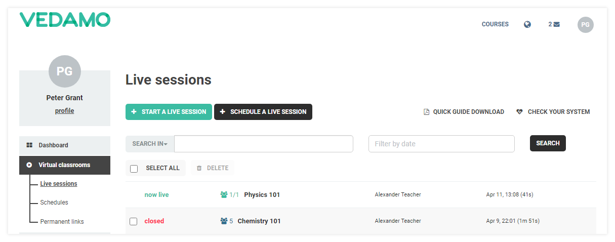 How to Reopen a Virtual Classroom: Sessions list: This is how an edited lesson will look like