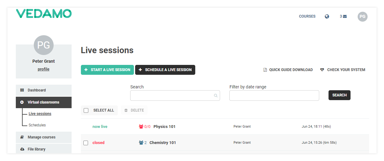 How to Reopen a Virtual Classroom: Sessions list: This is how an edited lesson will look like