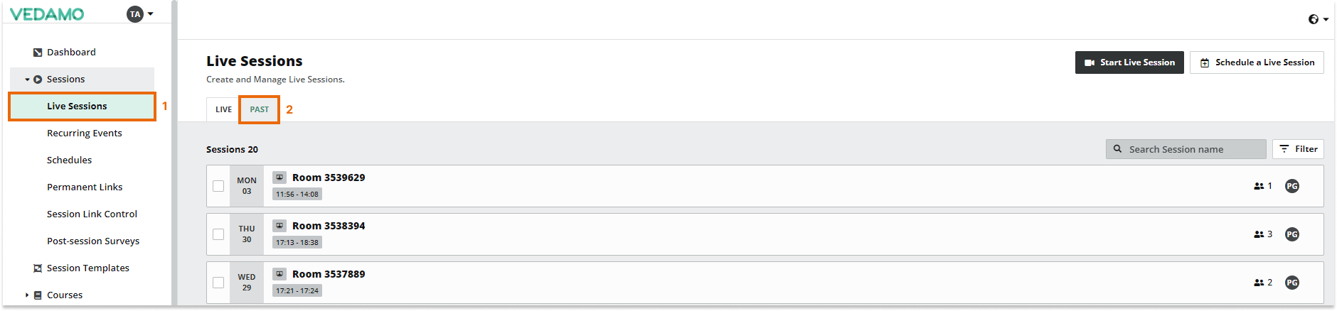 How to Reopen a Virtual Classroom: By pressing the "Live sessions" button you will see the list of your past sessions