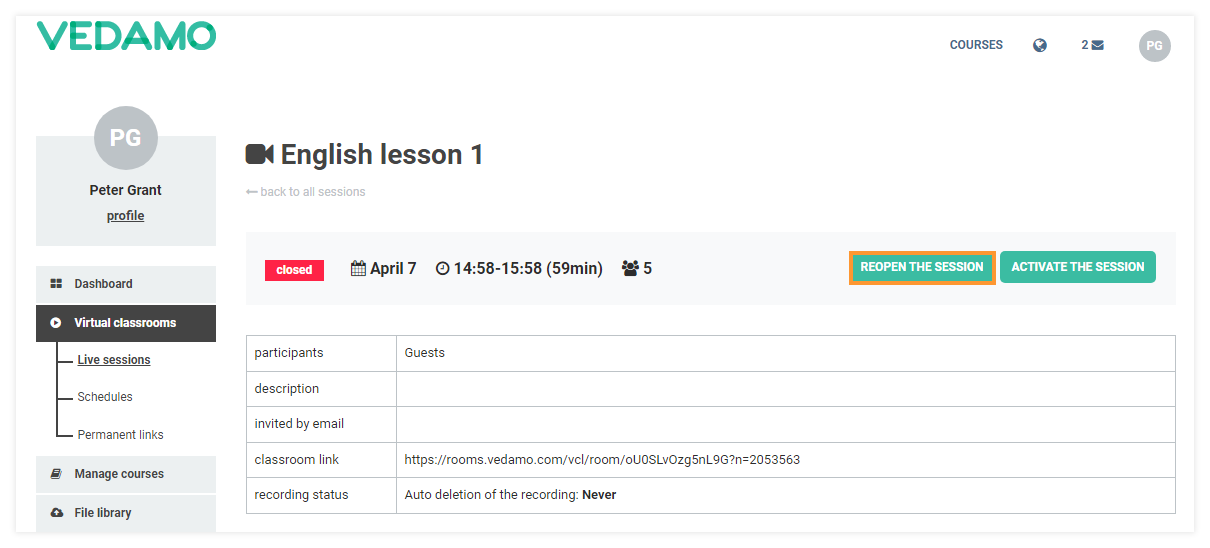 How to Reopen a Virtual Classroom: If you select the lesson that you want to reopen, the "reopen" button will be visible.