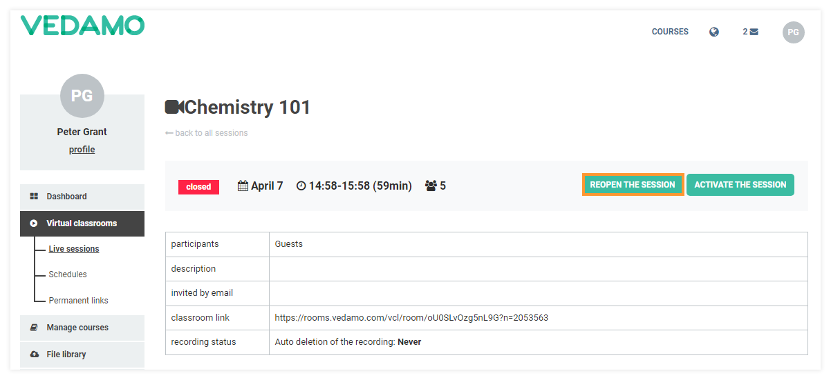 How to Reopen a Virtual Classroom: Sessions list: In order to reopen the classroom, you have to select the "reopen the session" button