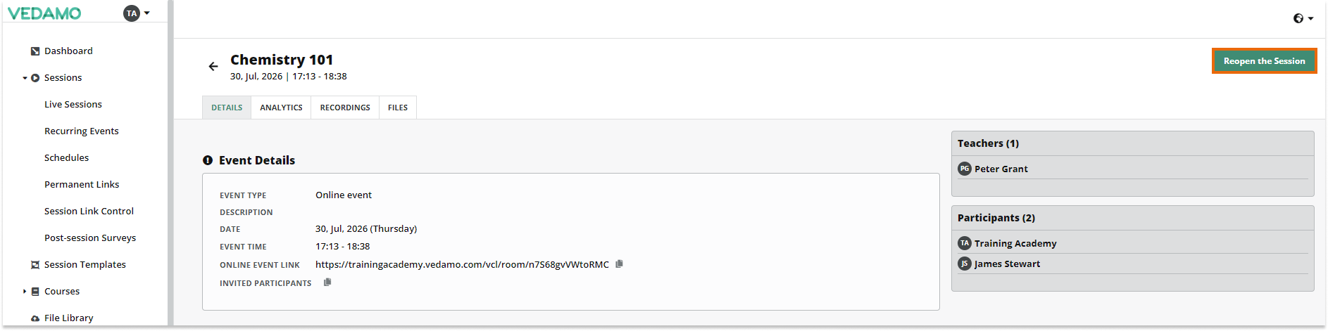 How to Reopen a Virtual Classroom: Sessions list: In order to reopen the classroom, you have to select the "reopen the session" button