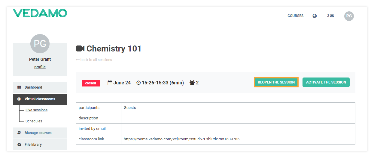 How to Reopen a Virtual Classroom: Sessions list: In order to reopen the classroom, you have to select the "reopen the session" button