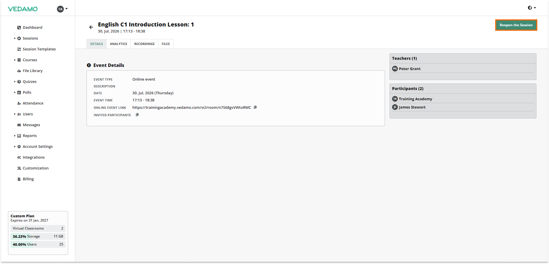 How to Reopen a Virtual Classroom: If you select the lesson that you want to reopen, the "Reopen the session" button will be visible.