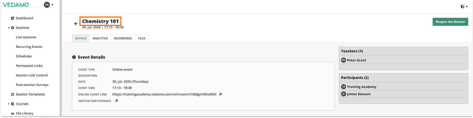 How to Reopen a Virtual Classroom: Sessions list: the closed lessons are located in the "Past" tab, only they can be reopened