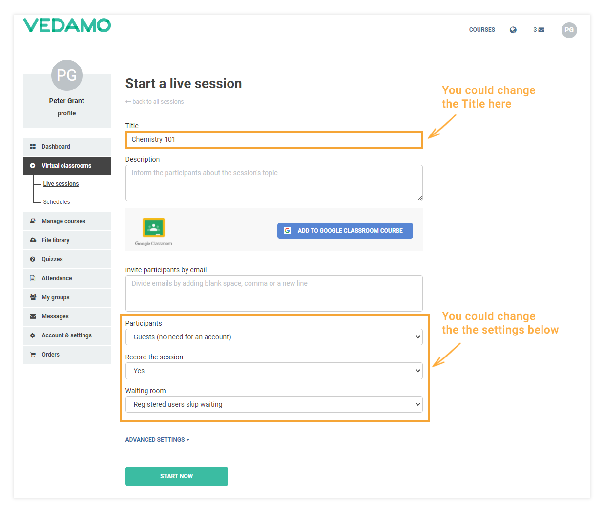 How to Reopen a Virtual Classroom: Sessions list: The room settings can still be edited