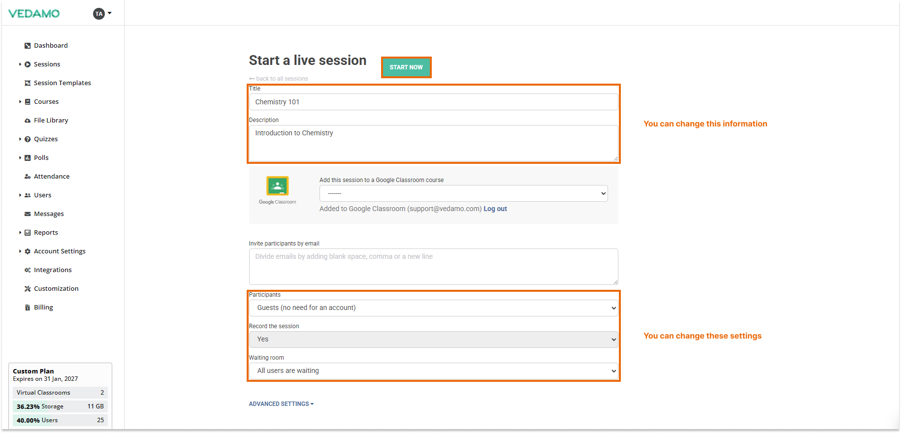 How to Reopen a Virtual Classroom: Sessions list: The room settings can still be edited