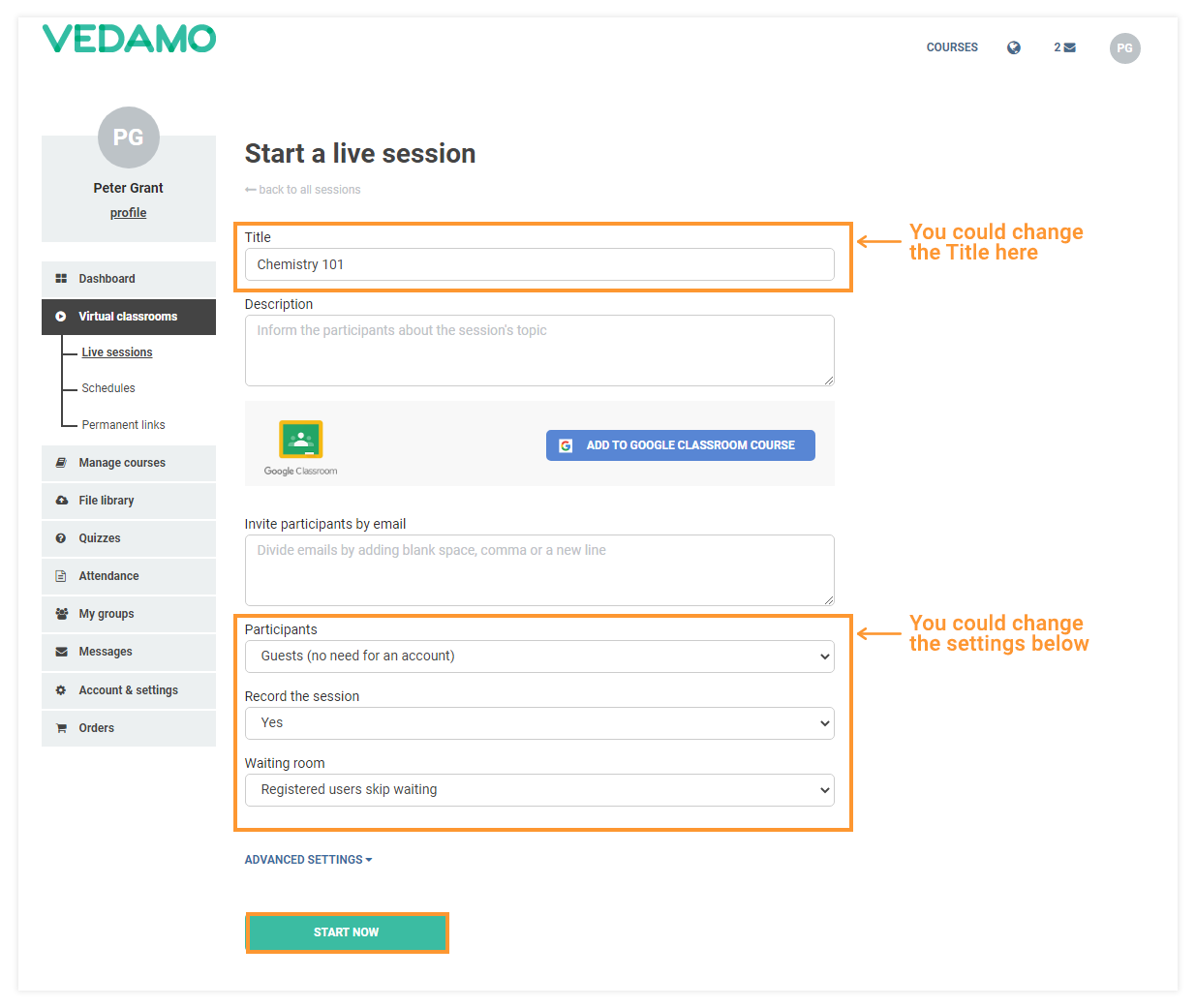 How to Reopen a Virtual Classroom: Sessions list: The room settings can still be edited