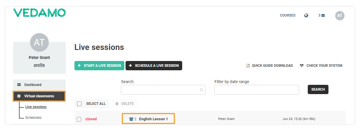 How to Reopen a Virtual Classroom: By pressing the "Virtual classrooms" button you will see the list with past sessions