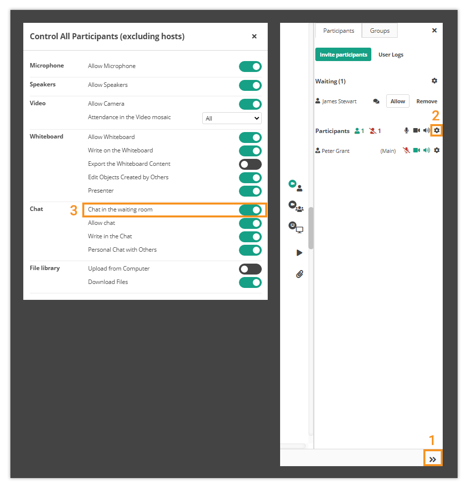 Virtual Classroom Waiting Room: Location of the Waiting room chat settings in the live session (hosts' view)