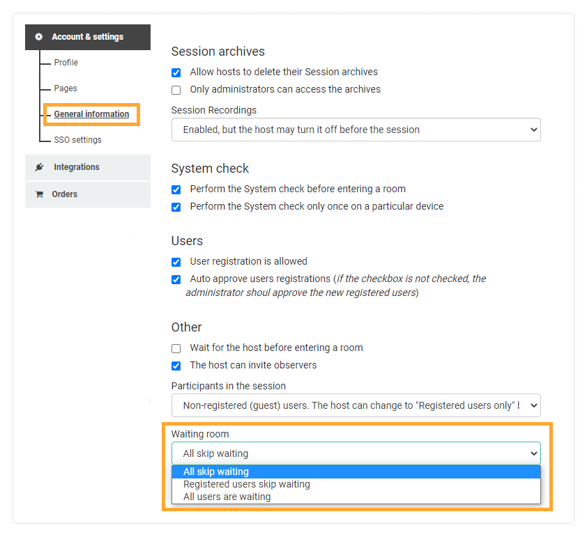 Virtual Classroom Waiting Room: Settings location