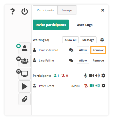 Virtual Classroom Waiting Room: Remove Participant
