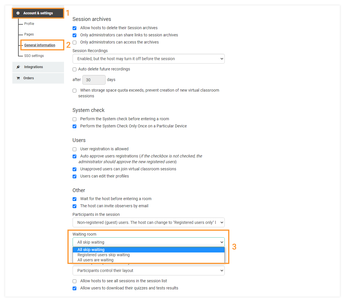 Virtual Classroom Waiting Room: Waiting room settings location