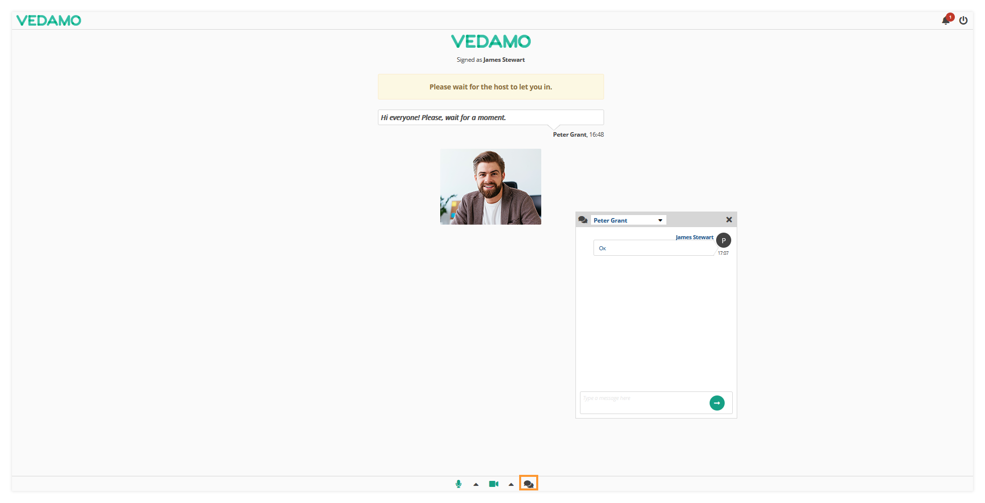 Virtual Classroom Waiting Room: Chat (Participant's View)