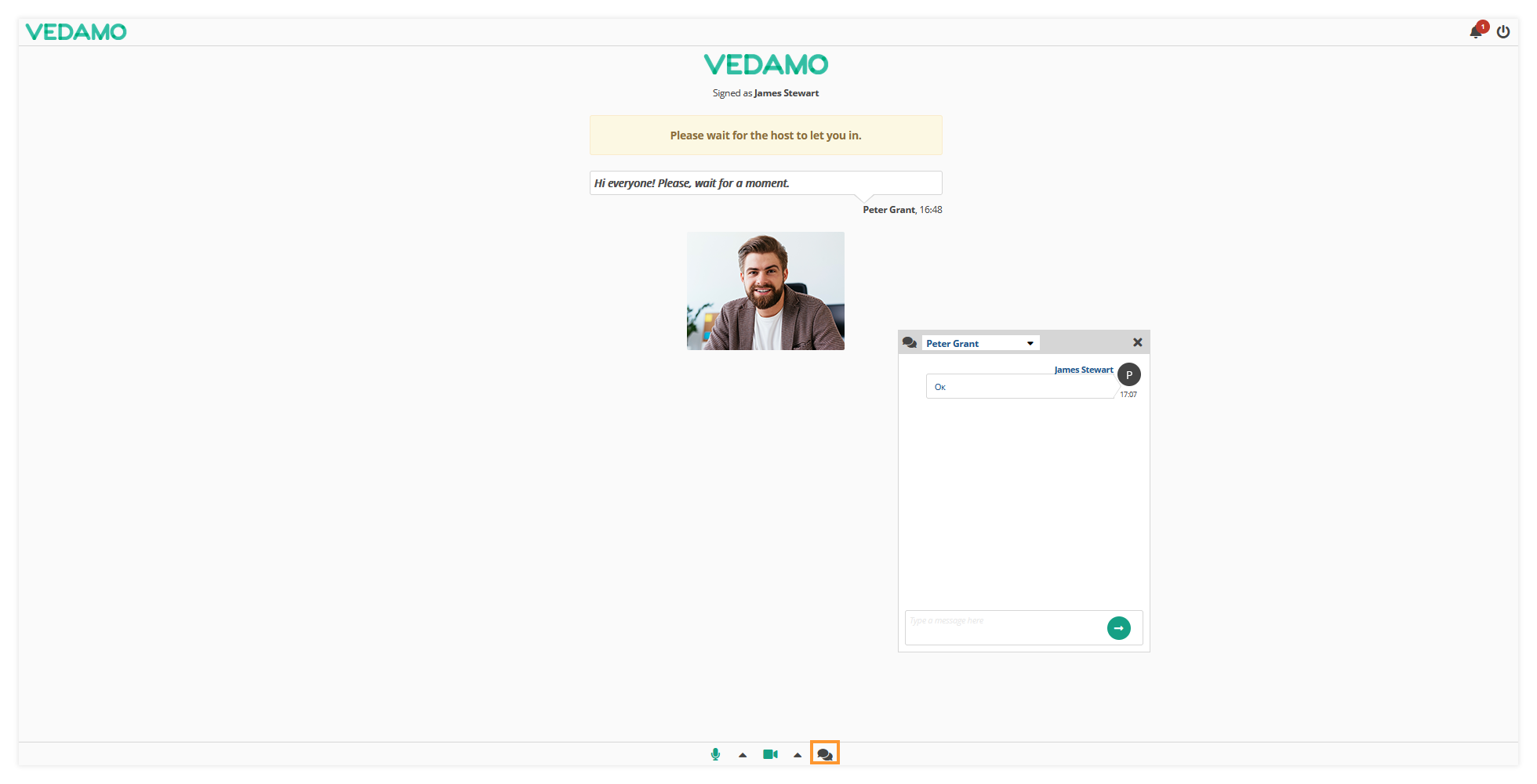 Virtual Classroom Waiting Room: Chat in the Waiting room (Participant's View)