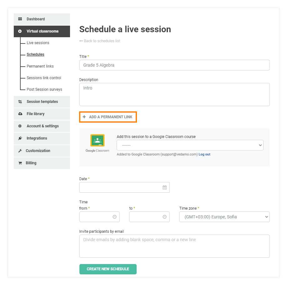 Permanent Links in the VEDAMO platform: adding a permanent link to a stand-alone scheduled Virtual classroom session 