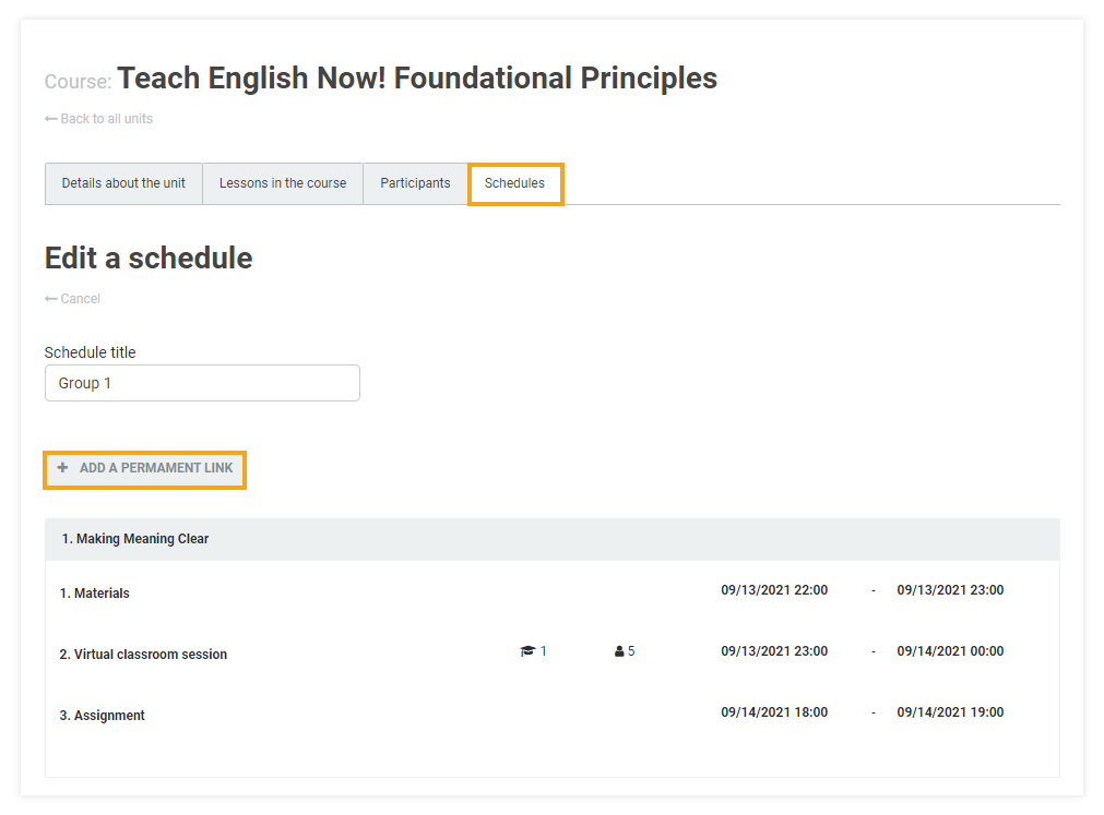 Permanent Links in the VEDAMO platform: adding a permanent link to a course schedule