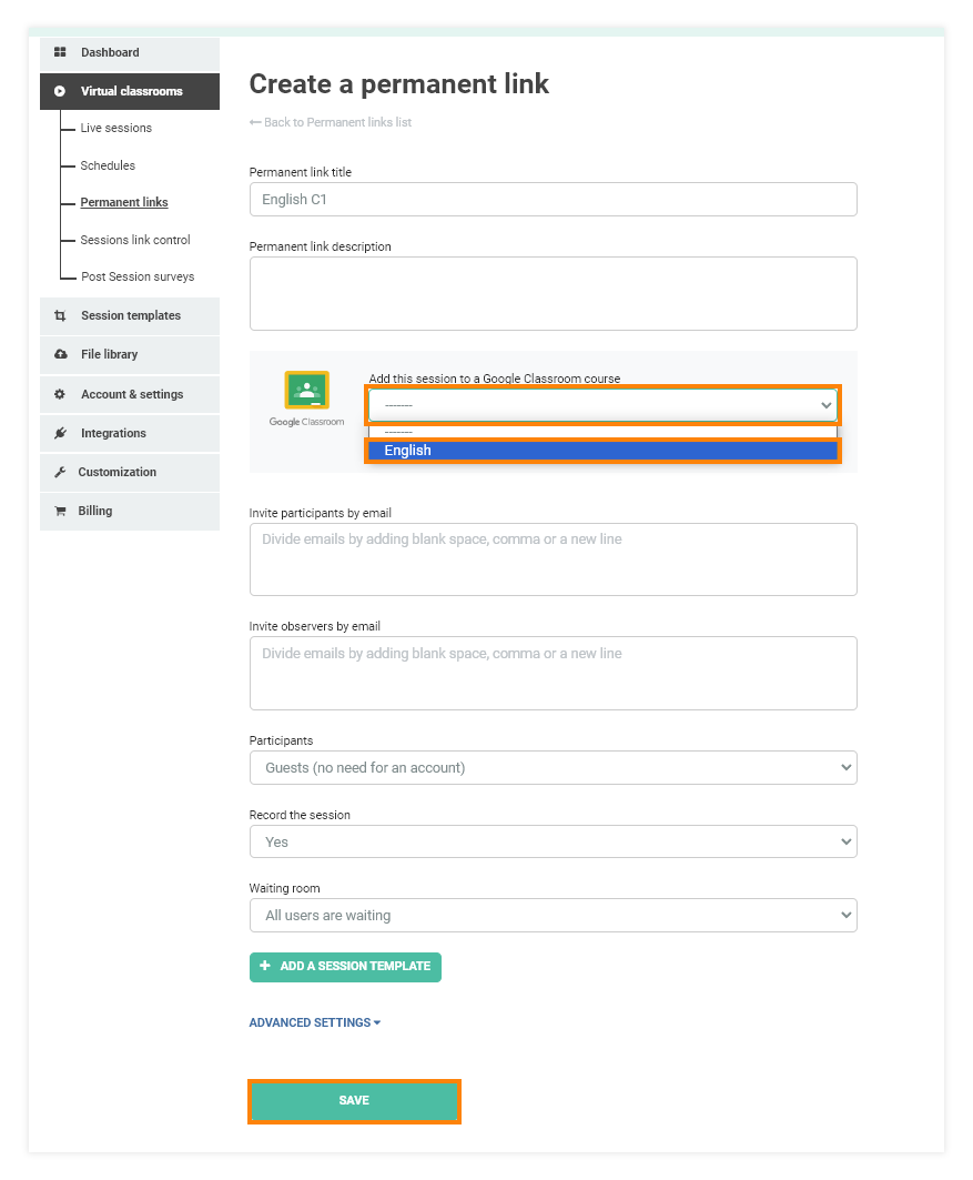 Permanent Links in the VEDAMO platform: Selecting the Google classroom course 