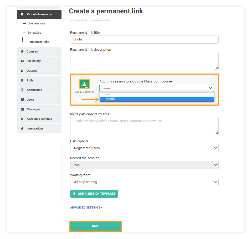 Permanent Links in the VEDAMO platform: Selecting the Google classroom course 