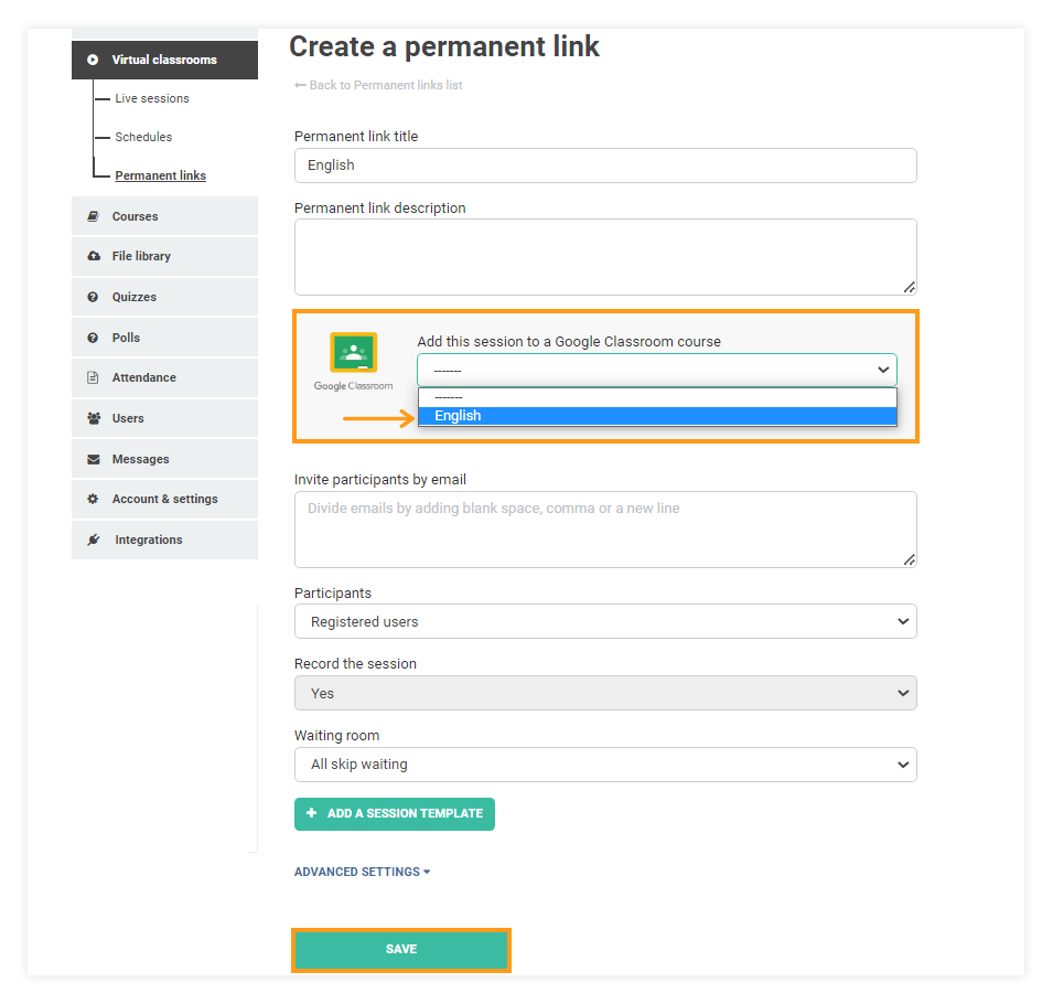 Permanent Links in the VEDAMO platform: Selecting the Google classroom course