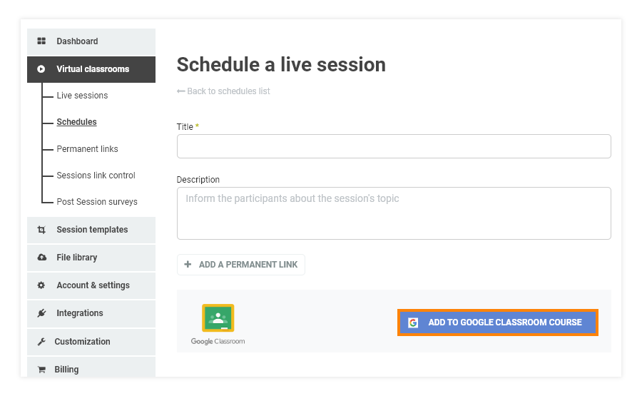 Permanent Links in the VEDAMO platform: Adding a Google Classroom to your Permanent link