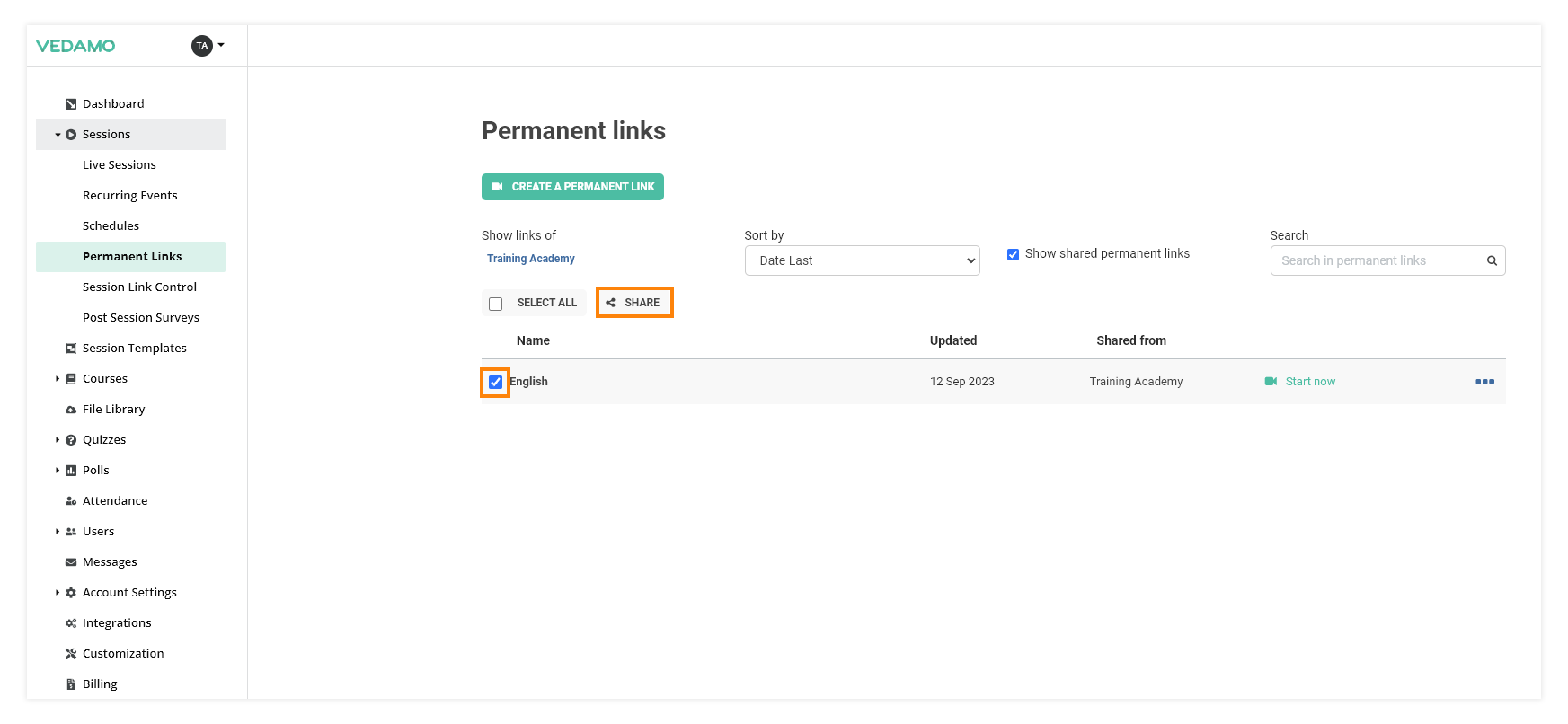 Permanent Links in the VEDAMO platform: after you have ticked the correct box next to the permanent link the share option can be used