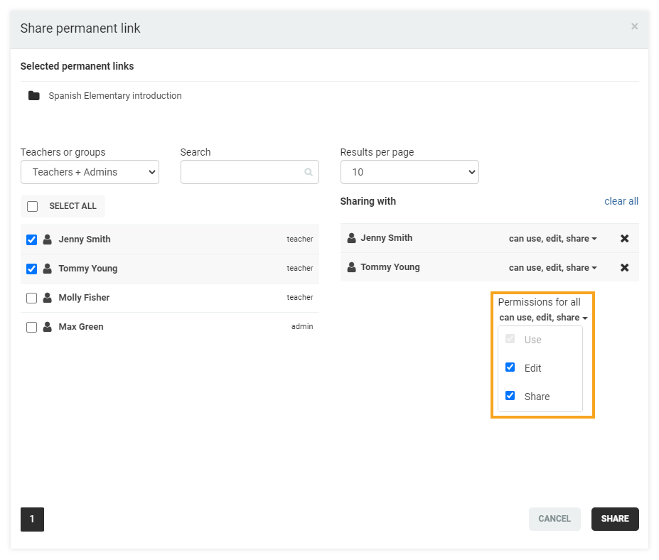 Permanent Links in the VEDAMO platform: After selecting the desired share option, share will have to be pressed in order to finish the sharing process