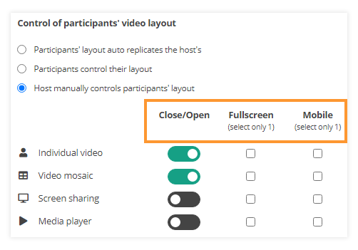 Video layout & Control of participants' video layout in VEDAMO Virtual Classroom: Full manual control options