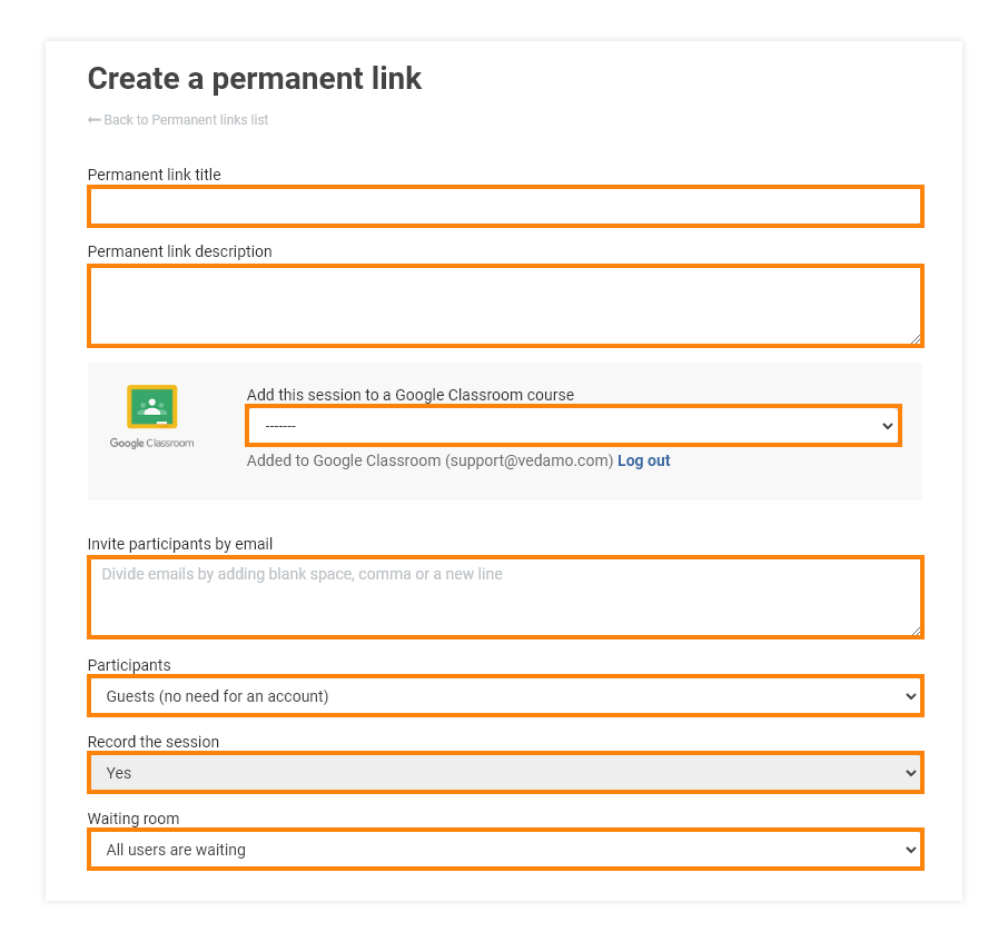 Permanent Links in the VEDAMO platform: You will have to name your permanent link (mandatory) also you can add additional information (not mandatory)