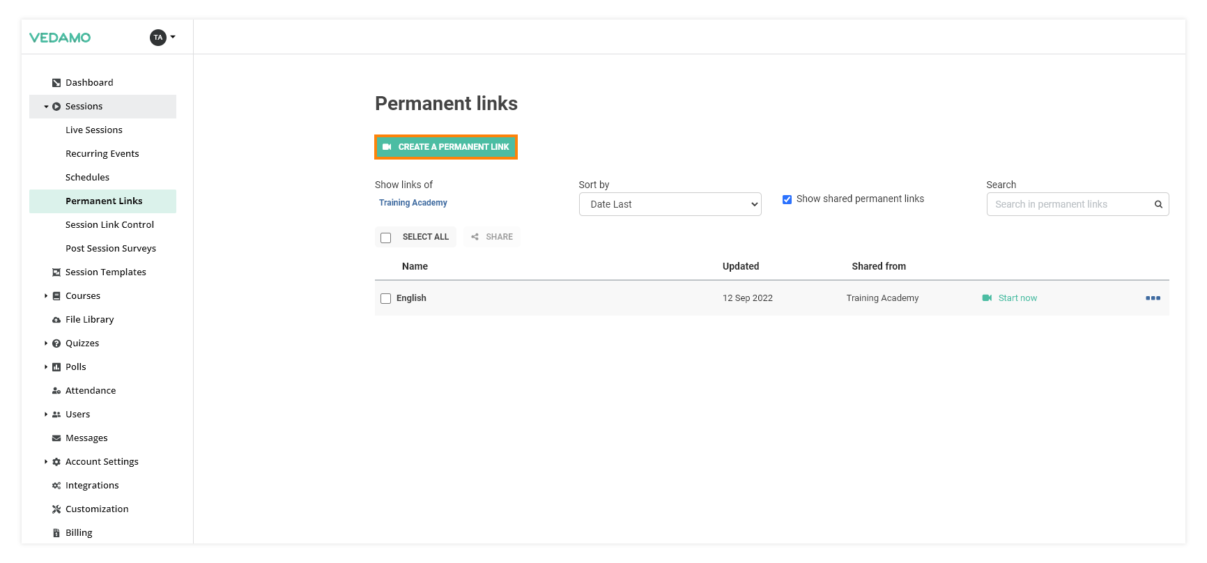 Permanent Links in the VEDAMO platform: Create a permanent link button
