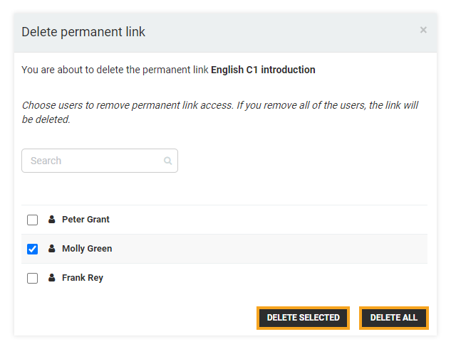 Permanent Links in the VEDAMO platform: select the individual or bulk delete option
