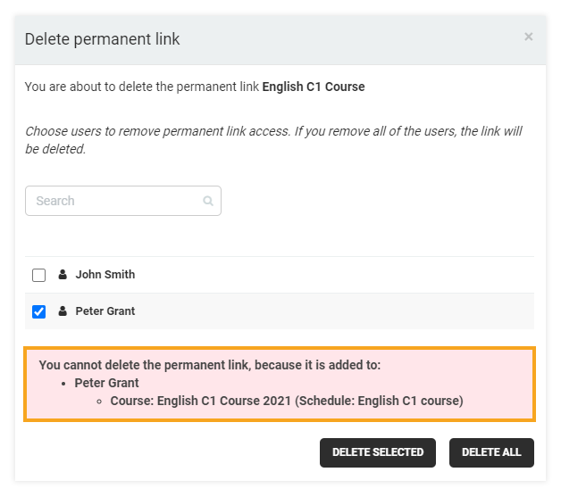 Permanent Links in the VEDAMO platform: notification that the permanent link can not be deleted as the host is still participating in the course