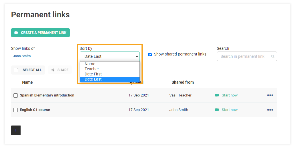 Permanent Links in the VEDAMO platform: a list of all the sort by options