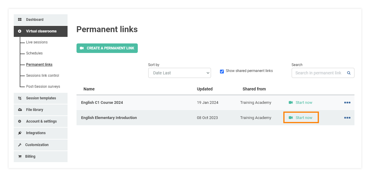Permanent Links in the VEDAMO platform: You can start a permanent link session from the Start now button