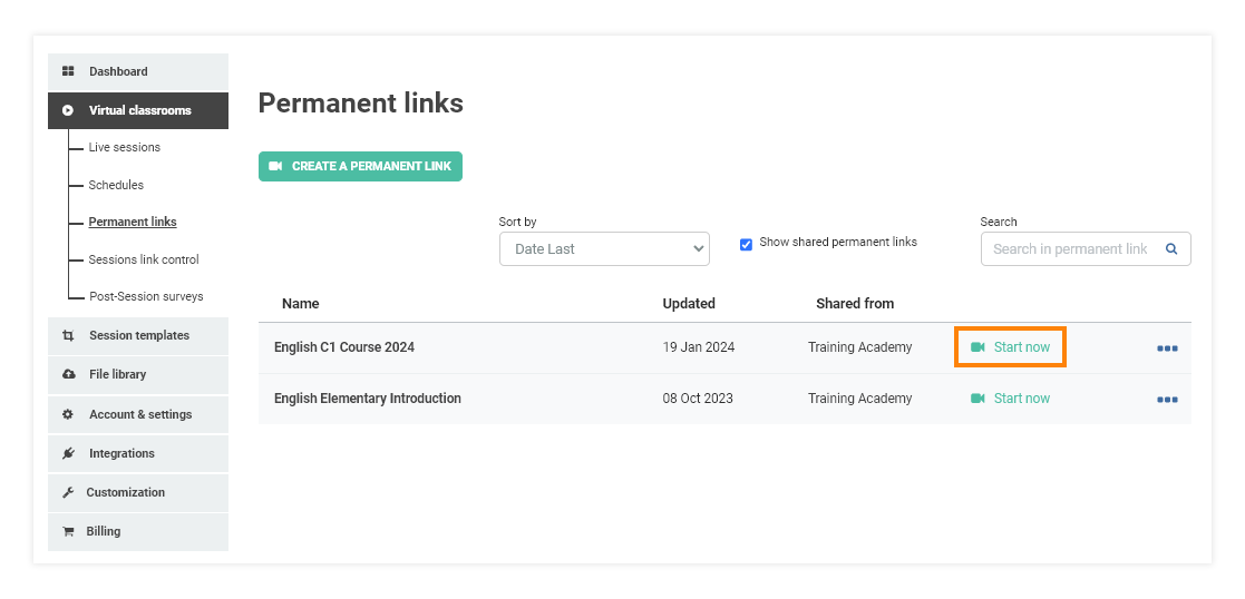 Permanent Links in the VEDAMO platform: Starting your Google Classroom session