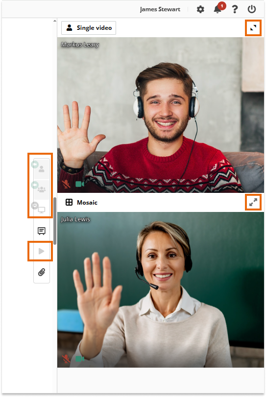 Video layout & Control of participants' video layout in VEDAMO Virtual Classroom: Example when the participant's layout replicates the host's some of the buttons are disabled for the participant's