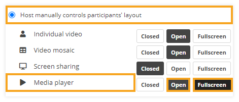 Video layout & Control of participants' video layout in VEDAMO Virtual Classroom: Example of the media player being manually controlled by the host