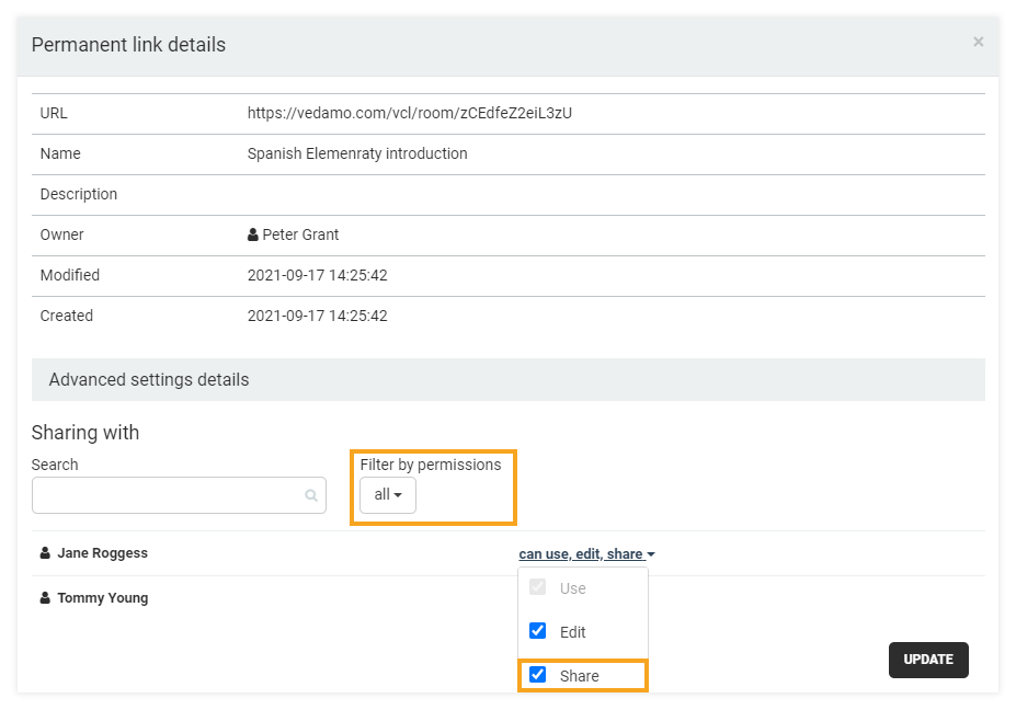 Permanent Links in the VEDAMO platform: to change individual or all rights you can use the filter as well